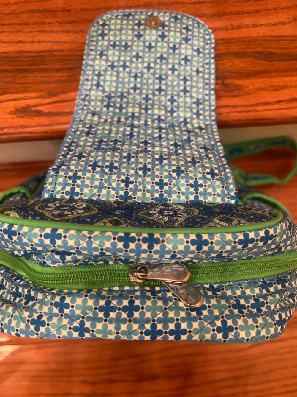 Quilted Mini Backpack Blue Green Floral Geometric Small Daypack with Flap & Pock